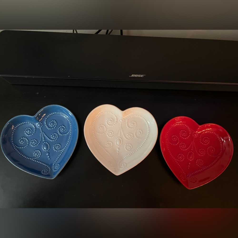 3-piece 6.4 inch red, white and blue Lenox French Perle heart-shaped dishes